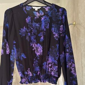 Cynthia Rowley Black and Purple Pleated Smocked Blouse